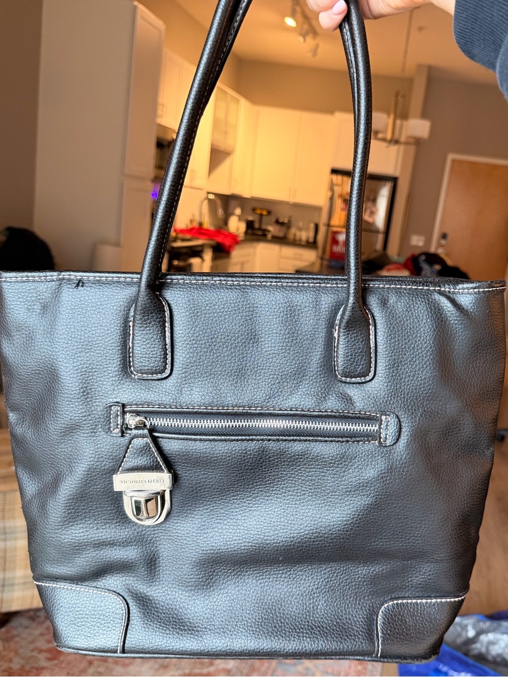 Vintage Victoria’s Secret Black Leather Tote Bag with Front Zip Pocket